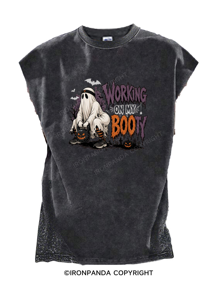 WORKING ON MY BOOTY Funny Sarcastic Ghost Cut Off Tank