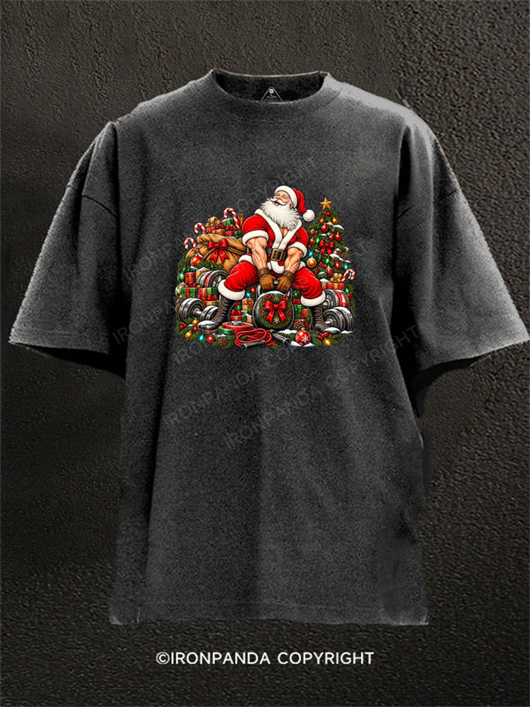 Muscular Santa Kettlebell Washed Gym Shirt