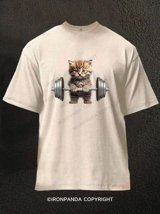 Weightlifting Cat Washed Gym Shirt
