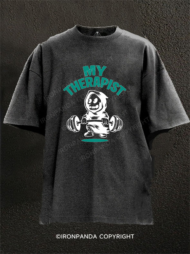 My Therapist Has A Barbell Funny Skeleton Washed Gym Shirt