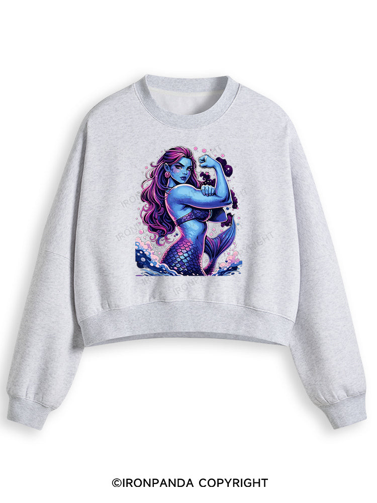 STRONG MERMAID SHOWS OFF BICEPS Fleece Crop Sweatshirt