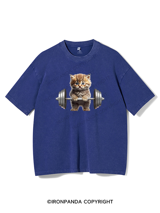 Weightlifting Cat Washed Gym Shirt