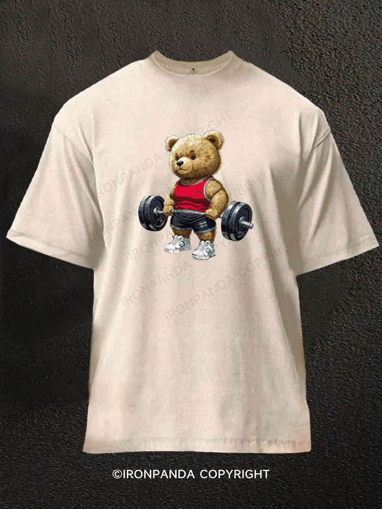 Funny Weightlifting Bear Washed Gym Shirt