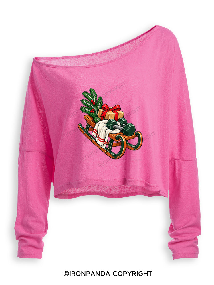 CHRISTMAS DUMBBELLS AND FESTIVE SLEIGH Off Shoulder Long Sleeve Crop Top
