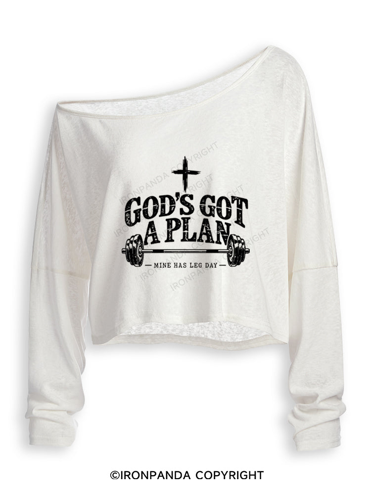 GOD'S GOT A PLAN MINE HAS LEG DAY Off Shoulder Long Sleeve Crop Top