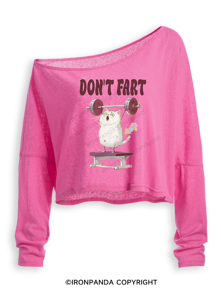 DON'T FART CUTE FUNNY KITTY Off Shoulder Long Sleeve Crop Top