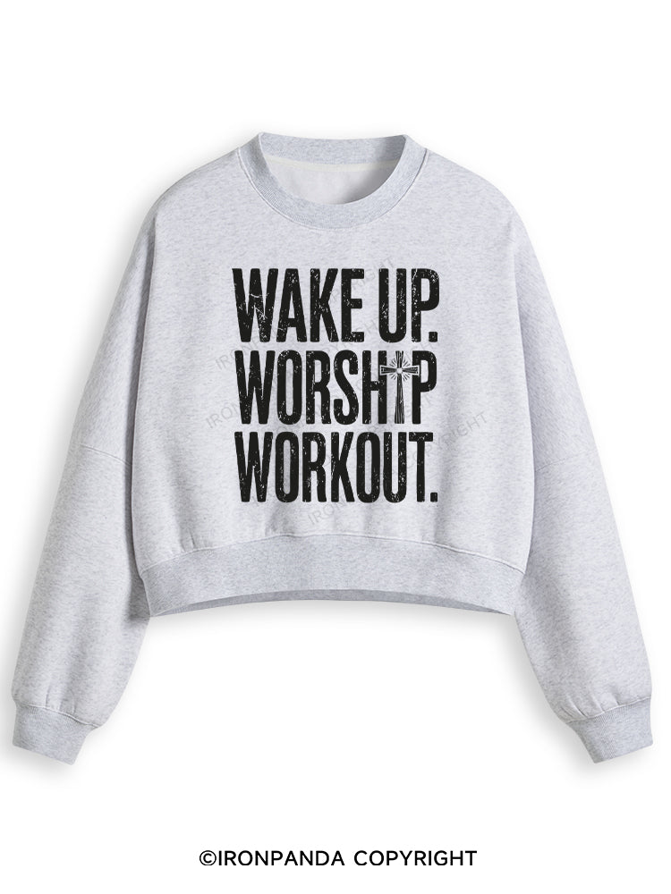 WAKE UP WORSHIP WORKOUT JESUS Fleece Crop Sweatshirt
