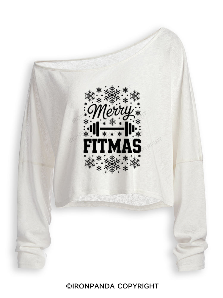 MERRY FITMAS MERRY CHRISTMAS Off Shoulder Long Sleeve Crop Top