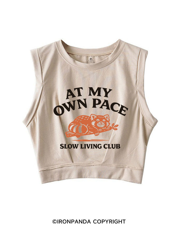 AT MY OWN PACE SLOW LIVING CLUB RACCOON SLEEVELESS CROP TOPS