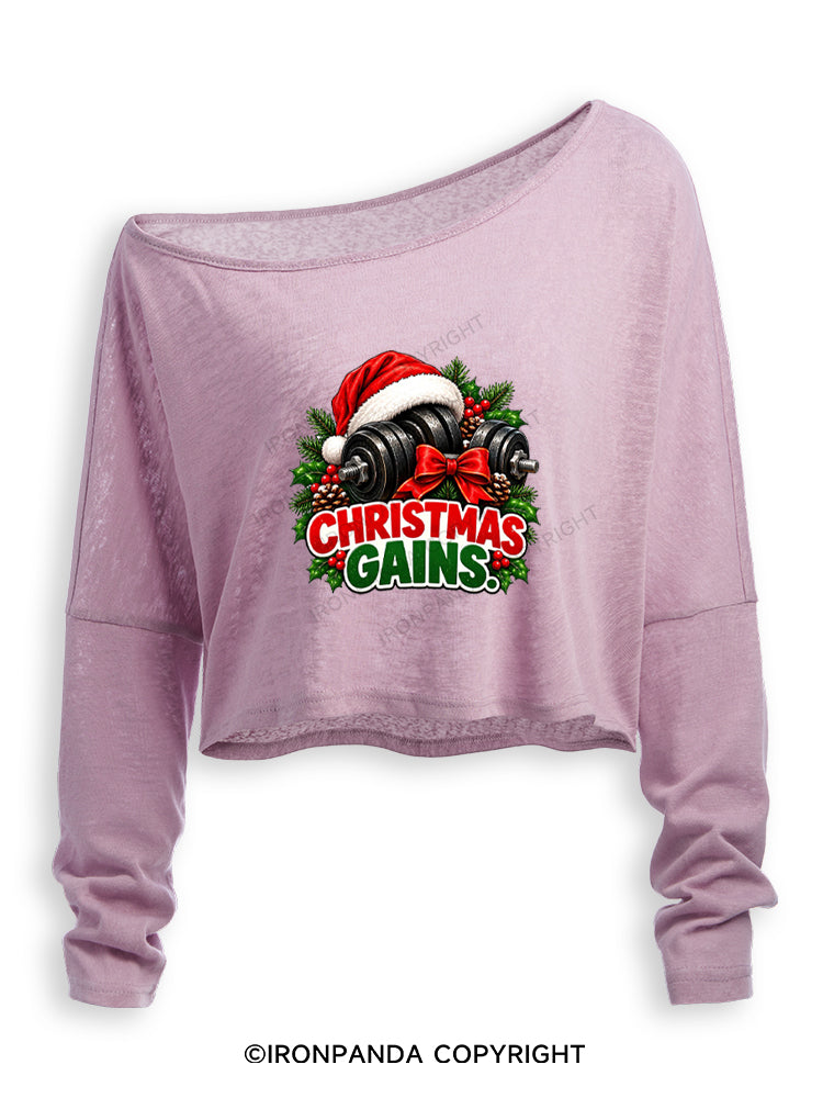CHRISTMAS GAINS MERRY LIFTMAS Off Shoulder Long Sleeve Crop Top