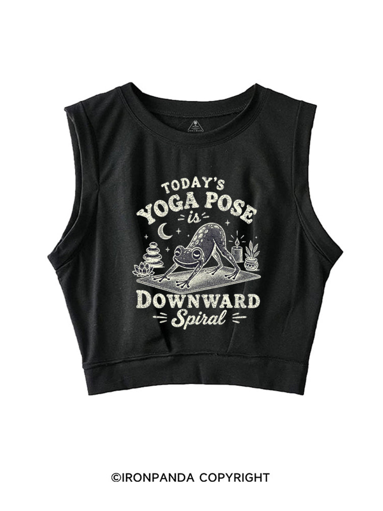 TODAY'S YOGA POSE IS DOWNWARD SPIRAL FUNNY YOGA FROG SLEEVELESS CROP TOPS