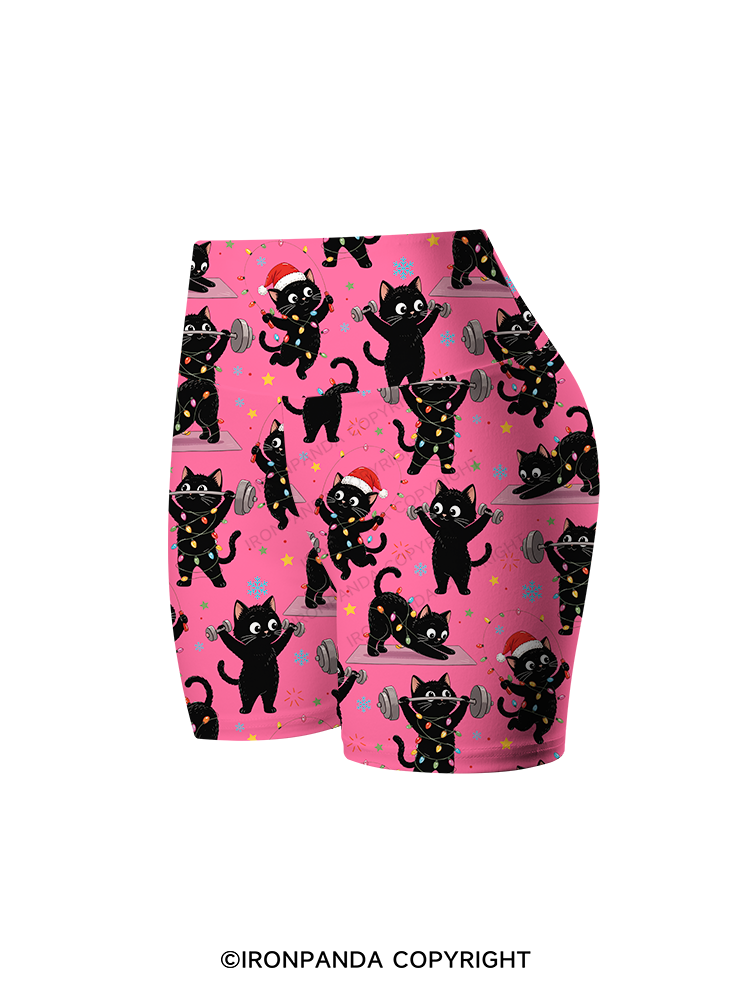 Christmas Fitness Black Cat Printed Yoga Cycling Shorts