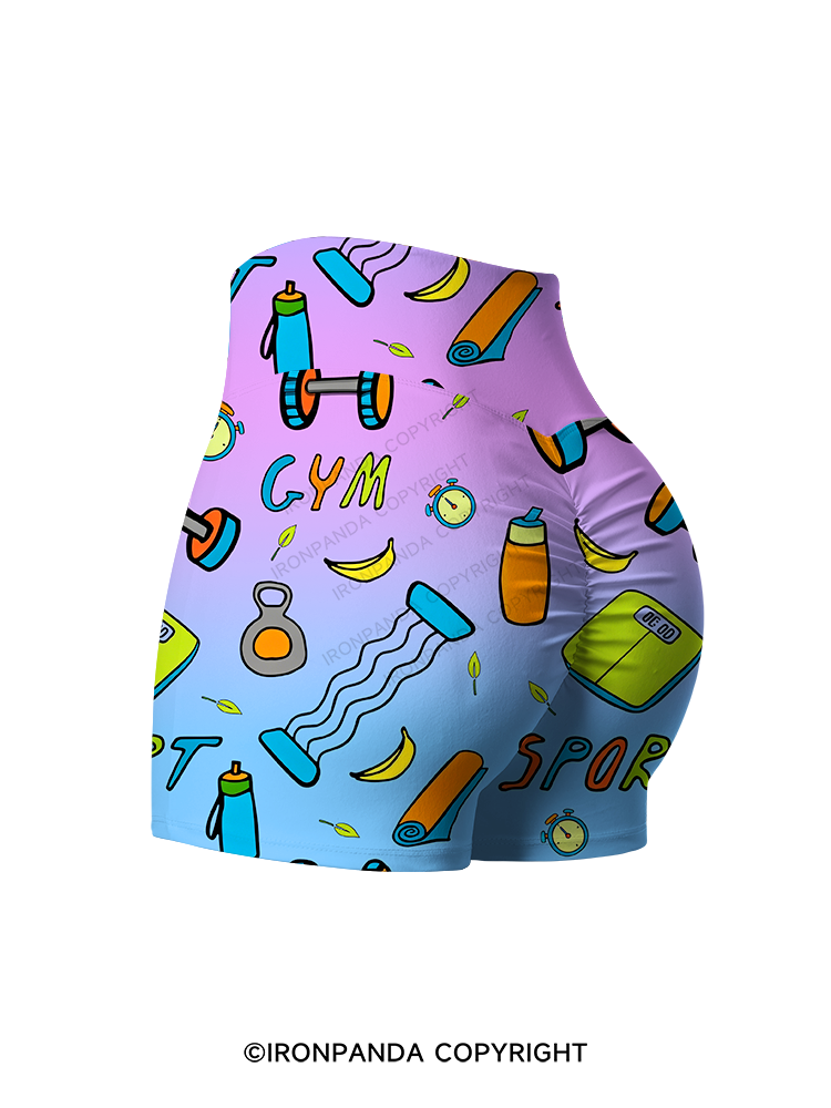 Colorful Gym Icons Printed Yoga Shorts