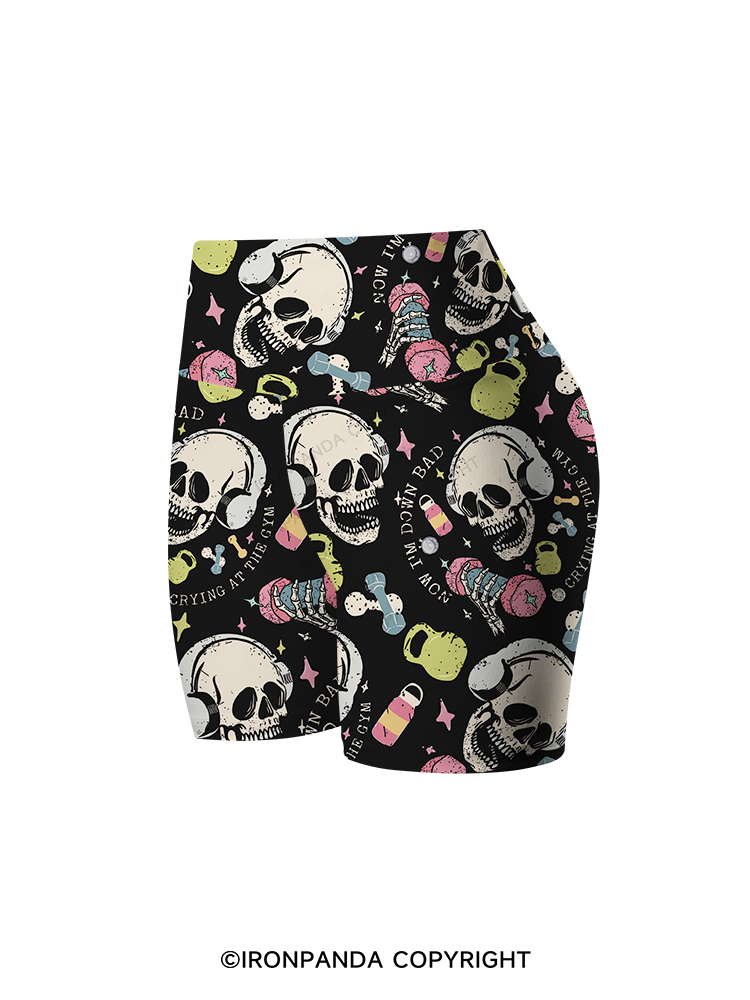 NOW I’M DOWN BAD CRYING AT THE GYM SKULL Printed Yoga Cycling Shorts