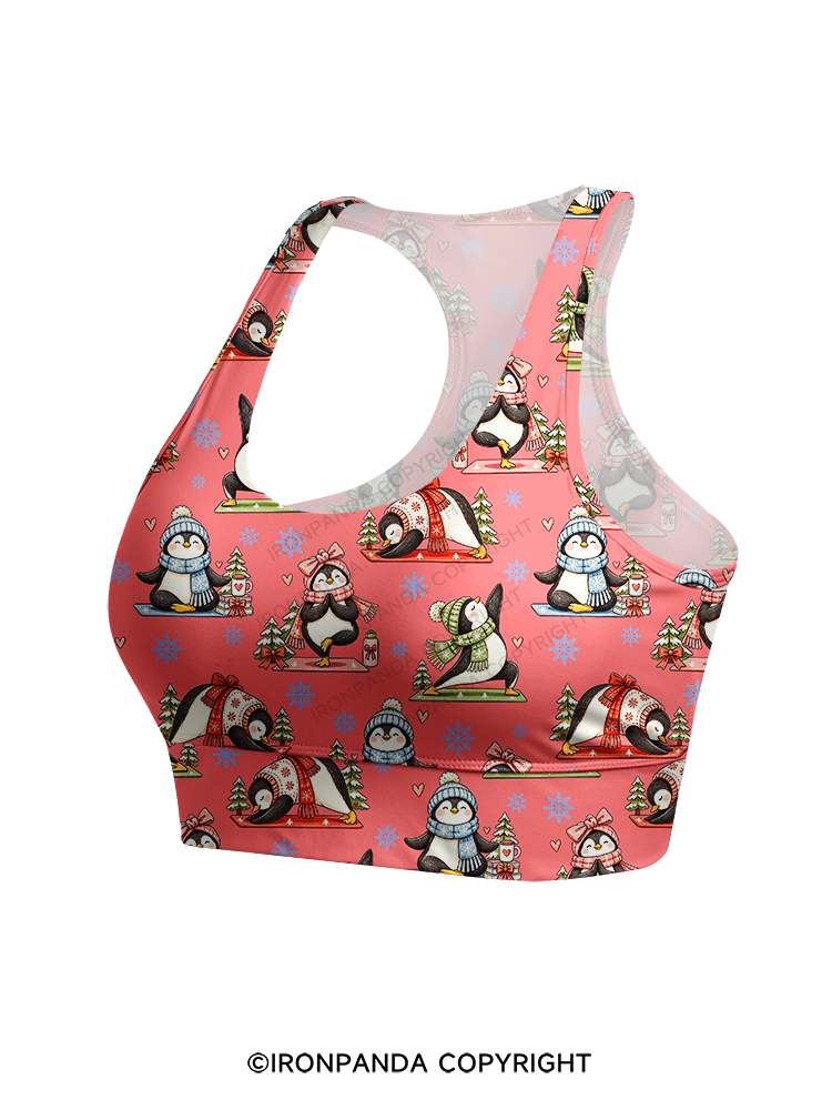 Cute Christmas Yoga Penguin Racerback Sports Bra