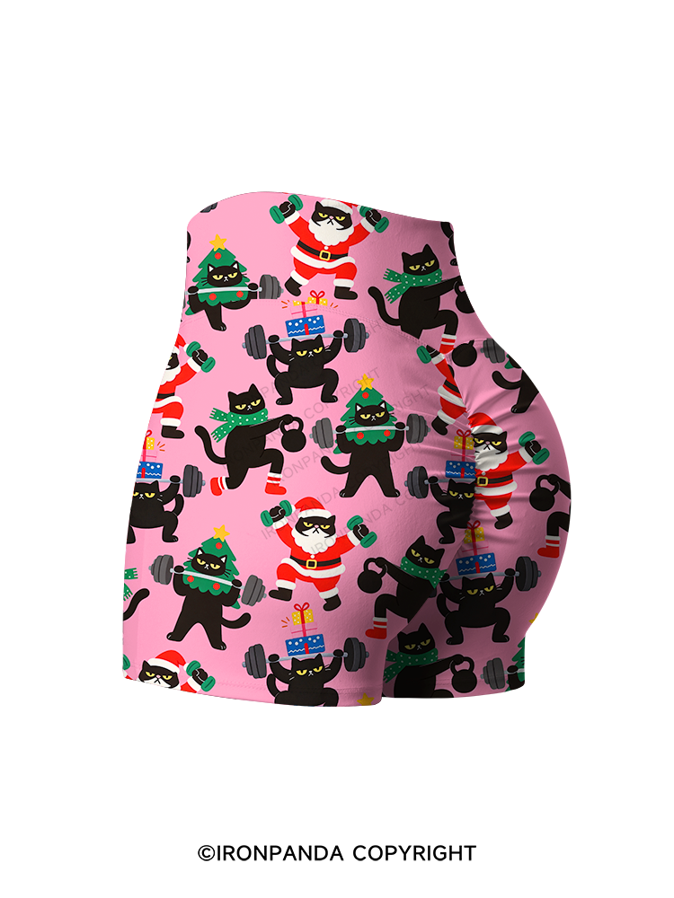 WEIGHTLIFTING BLACK CAT CHRISTMAS WORKOUT Printed Yoga Shorts