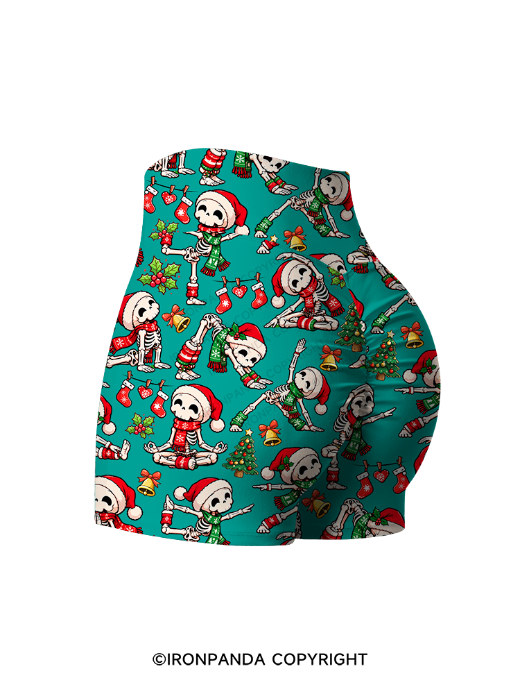 Yoga Skeleton Santa Hat Yogi Printed Yoga Shorts