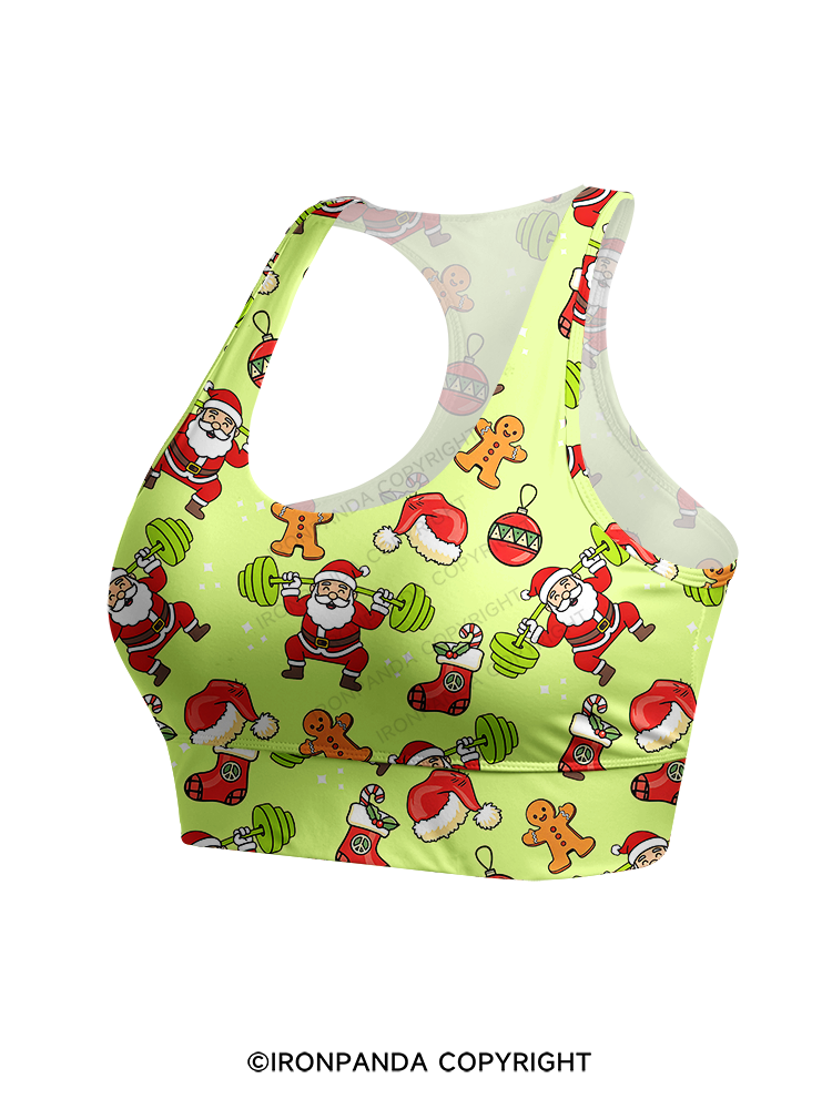 Santa Lifting Weights Skip Legs Racerback Sports Bra