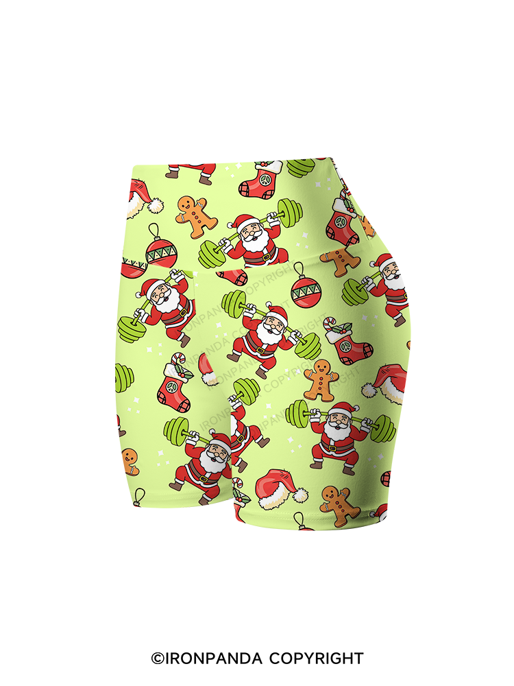 Santa Lifting Weights Skip Legs Printed Yoga Cycling Shorts
