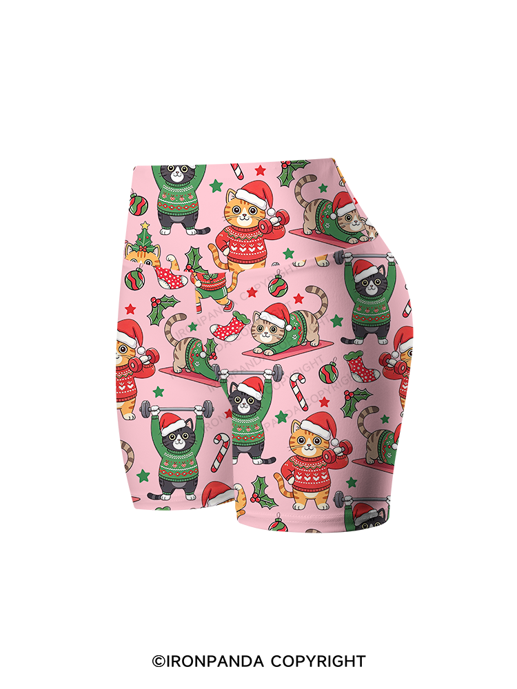 CHRISTMAS FITNESS CATS Printed Yoga Cycling Shorts