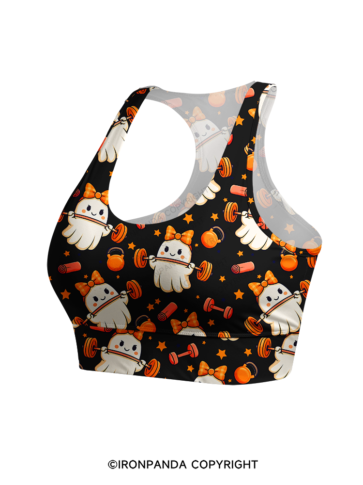 WORKING ON MY BOOTY FUNNY GHOST Racerback Sports Bra