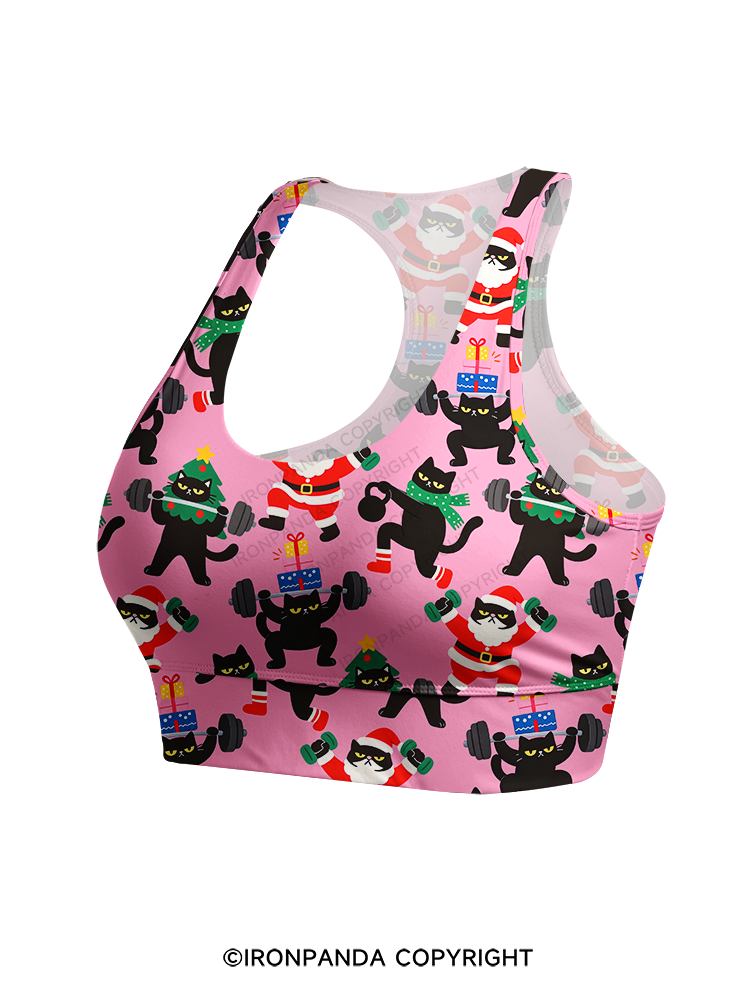 WEIGHTLIFTING BLACK CAT CHRISTMAS WORKOUT Racerback Sports Bra