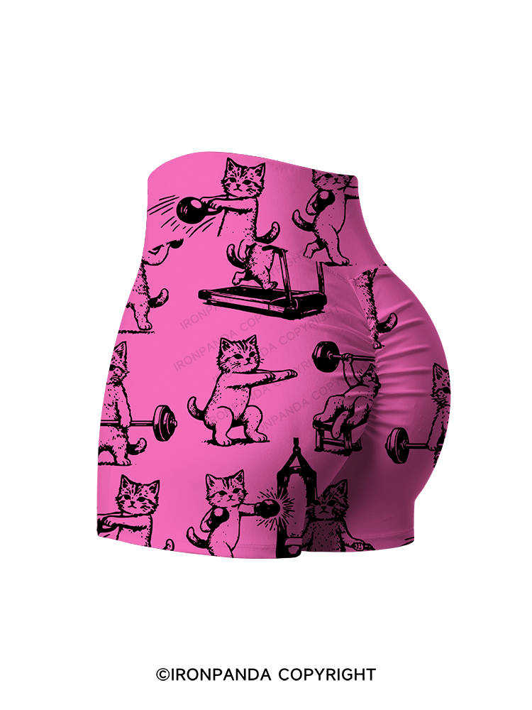 Fitness Kittens Who Love Lifting Weights Printed Yoga Shorts