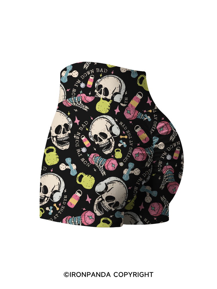 NOW I’M DOWN BAD CRYING AT THE GYM SKULL Printed Yoga Shorts