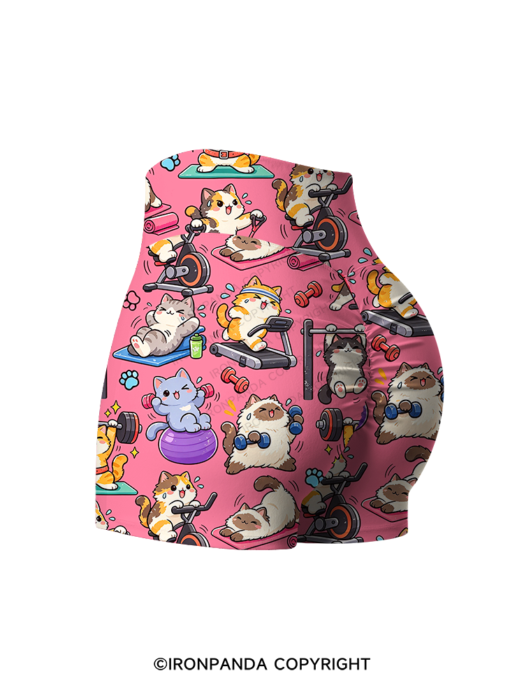 Fitness Cats Gym Workout Printed Yoga Shorts