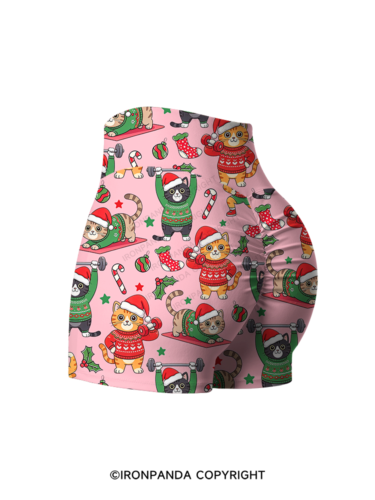 CHRISTMAS FITNESS CATS Printed Yoga Shorts