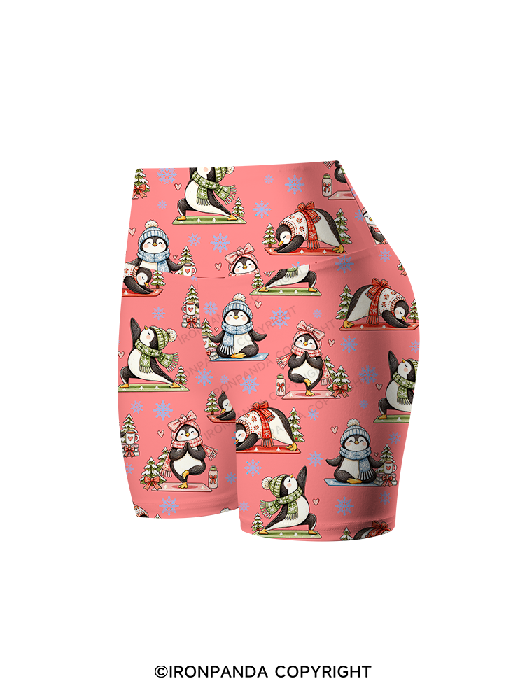 Cute Christmas Yoga Penguin Printed Yoga Cycling Shorts