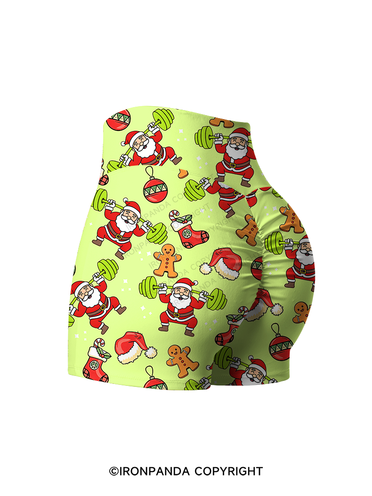 Santa Lifting Weights Skip Legs Printed Yoga Shorts