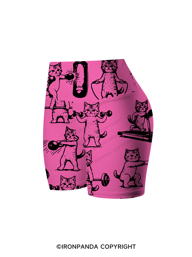 Fitness Kittens Who Love Lifting Weights Printed Yoga Cycling Shorts
