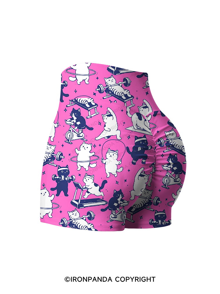 PINK WORKOUT CATS Printed Yoga Shorts