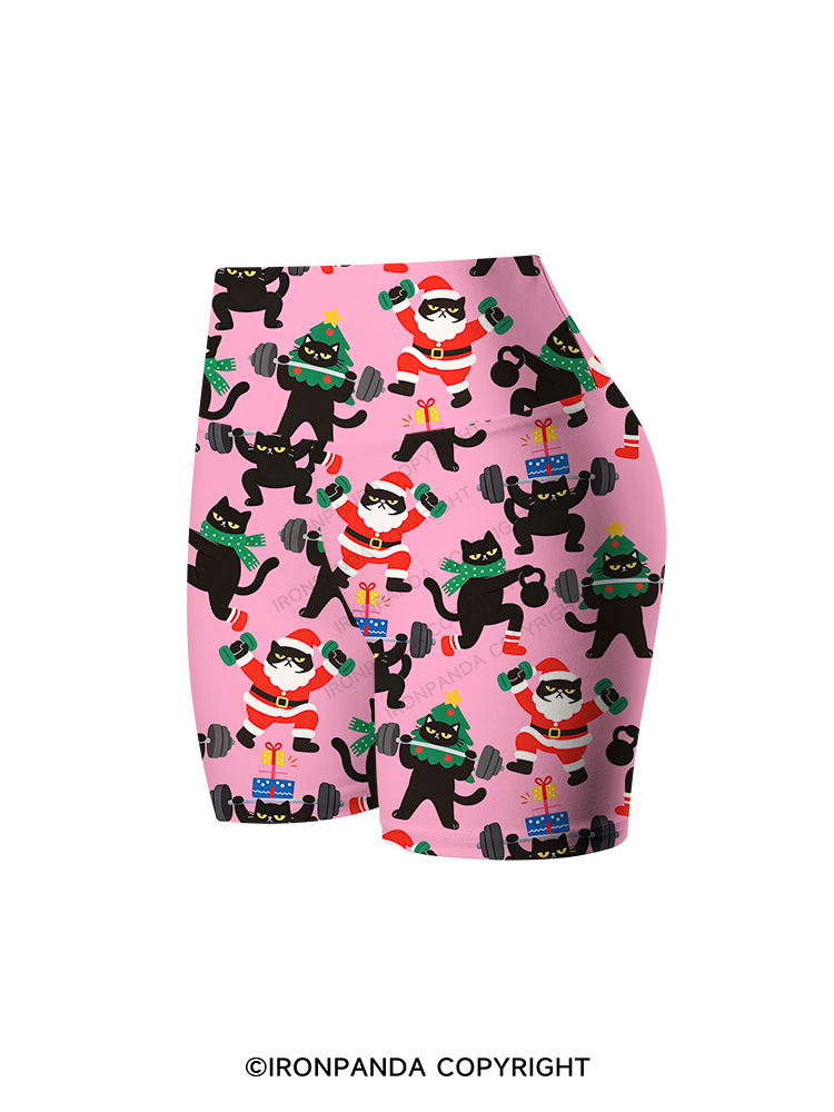 WEIGHTLIFTING BLACK CAT CHRISTMAS WORKOUT Printed Yoga Cycling Shorts