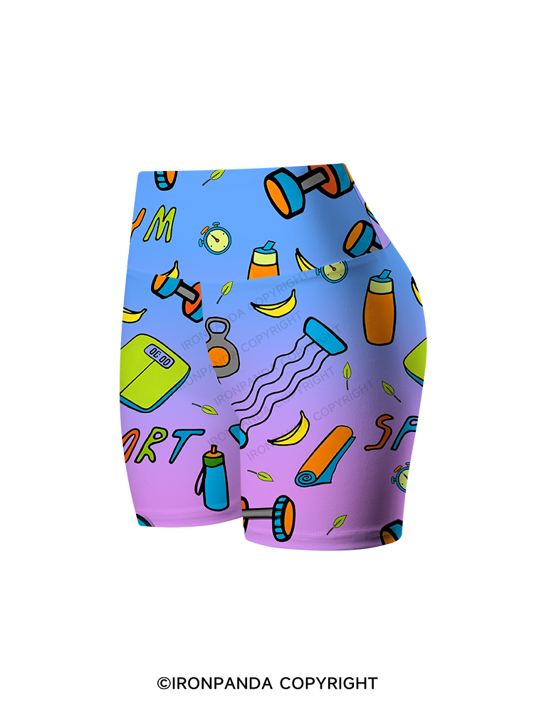 Colorful Gym Icons Printed Yoga Cycling Shorts