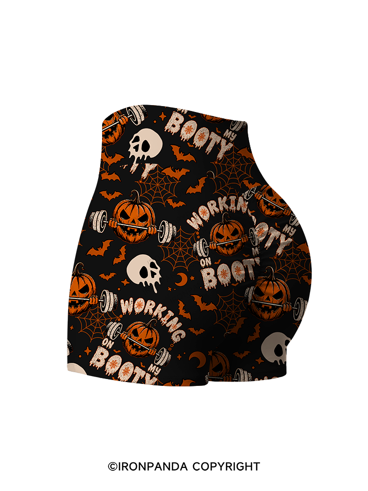 WORKING ON MY BOOTY FUNNY HALLOWEEN PUMPKIN Printed Yoga Shorts