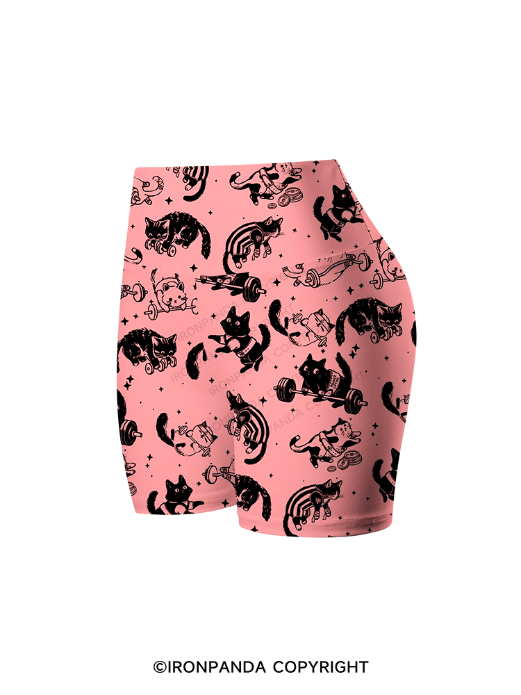 Cute Cat Lifting Club Printed Yoga Cycling Shorts