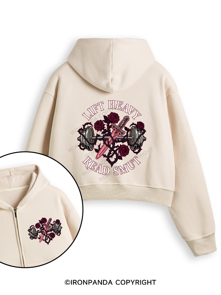 LIFT HEAVY READ SMUT Fleece Crop Zip Up Hoodie