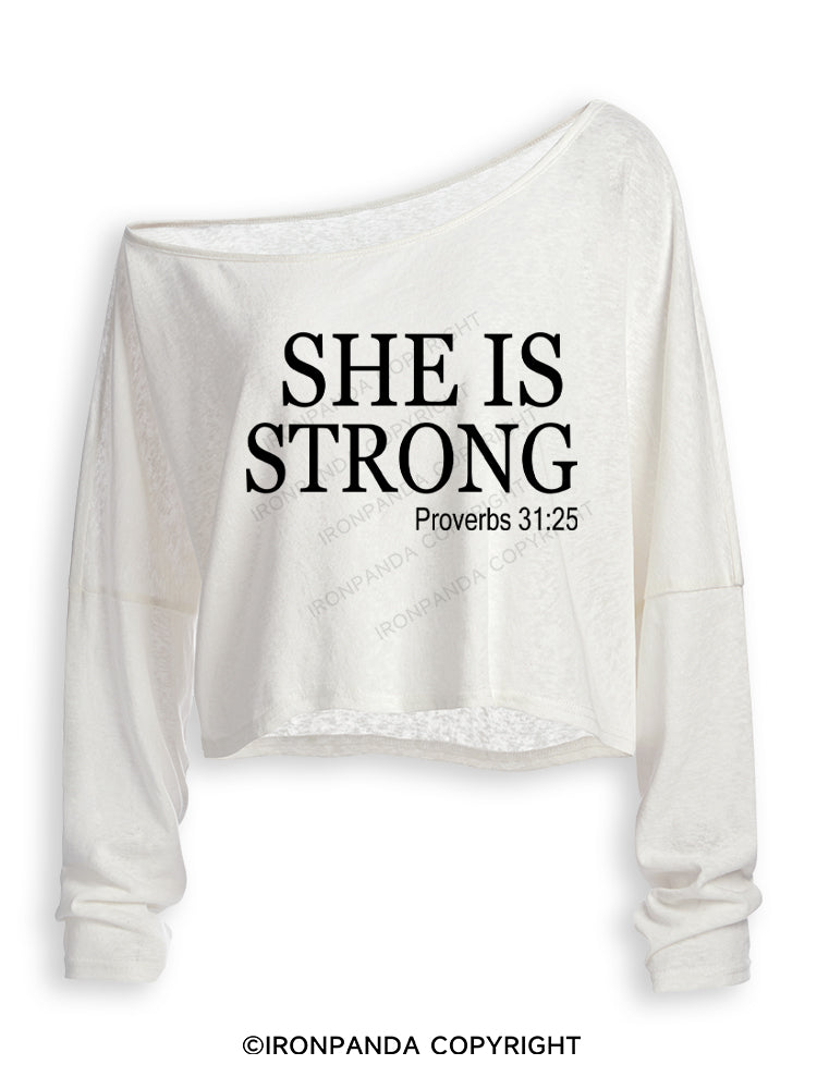 SHE IS STRONG Off Shoulder Long Sleeve Crop Top