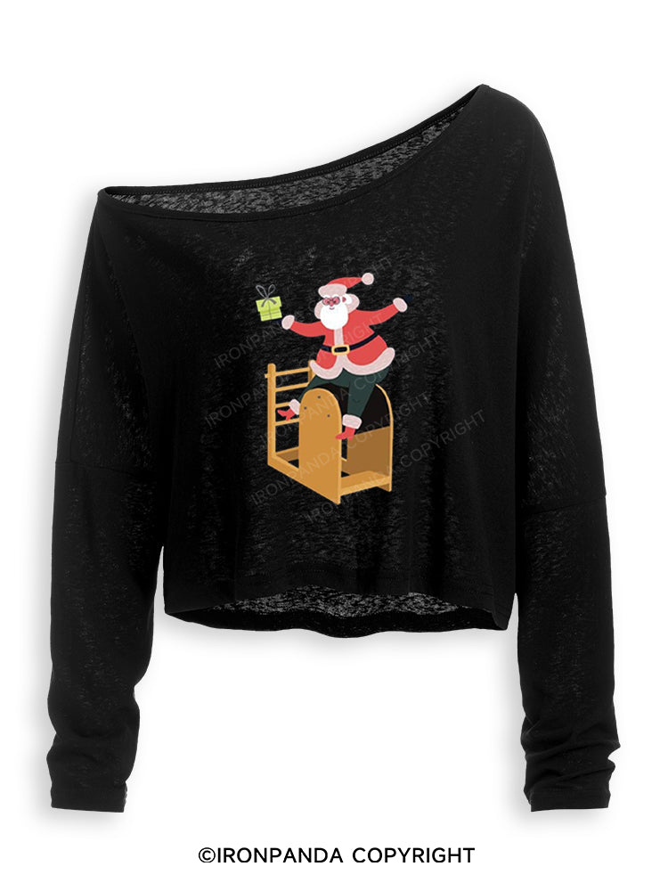 CHRISTMAS SANTA CLAUS PILATES Off Shoulder Long Sleeve Crop Top