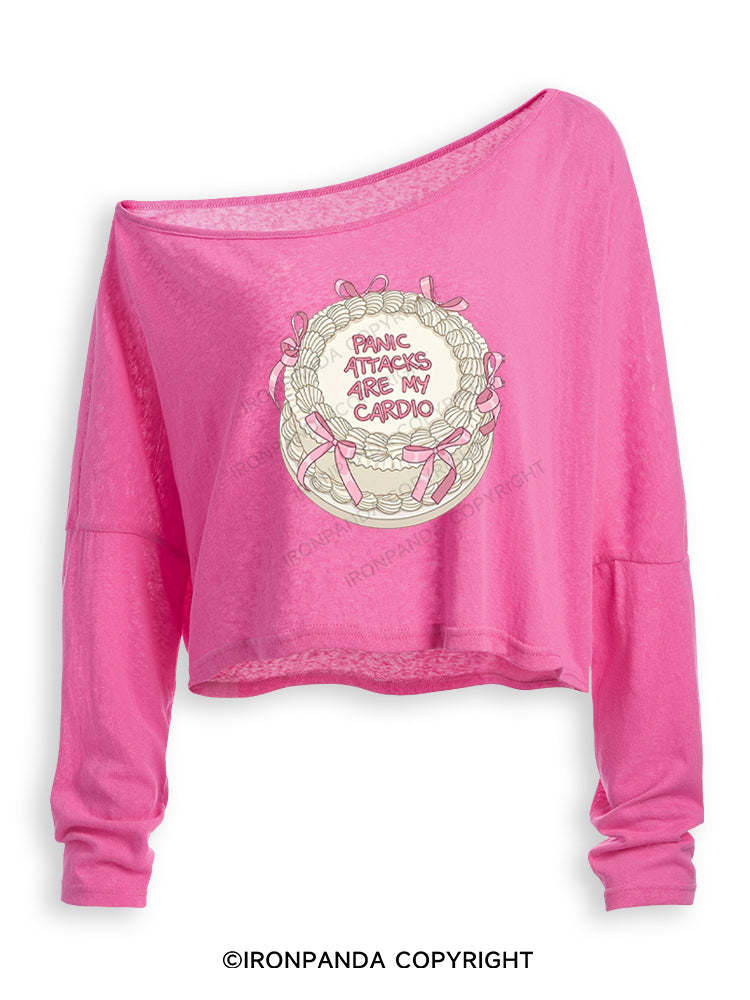 PANIC ATTACKS ARE MY CARDIO FUNNY WORKOUT Off Shoulder Long Sleeve Crop Top
