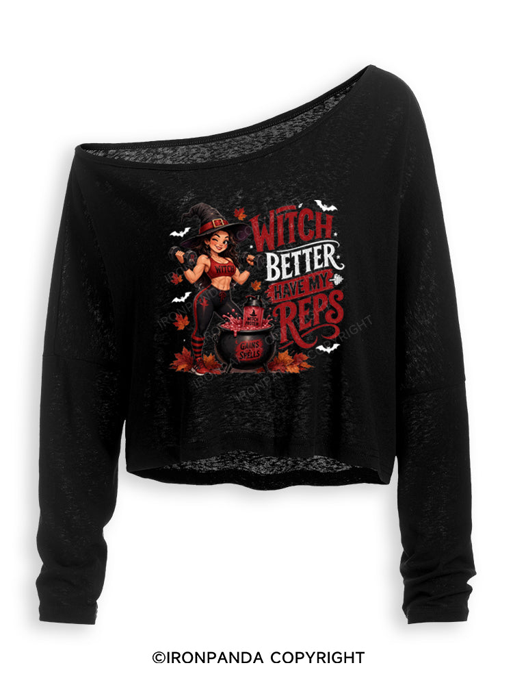 WITCH BETTER HAVE MY REPS HALLOWEEN Off Shoulder Long Sleeve Crop Top