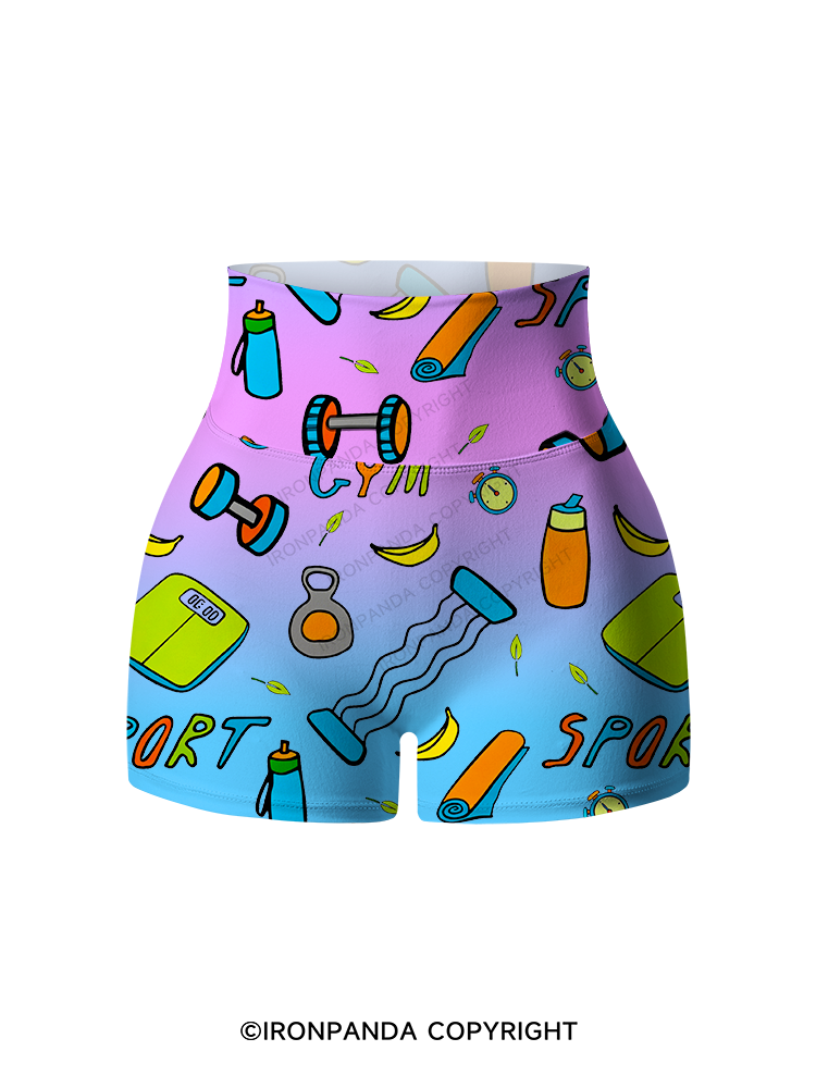Colorful Gym Icons Printed Yoga Shorts