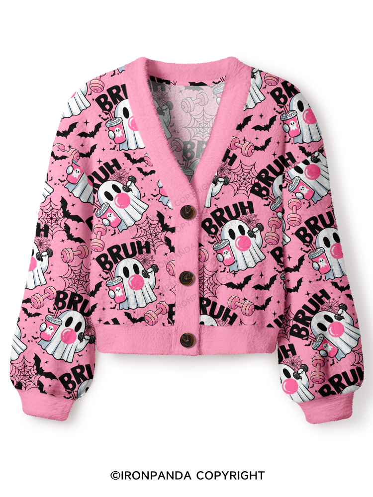 BRUH Ghost Crop Ugly Cardigan Sweater