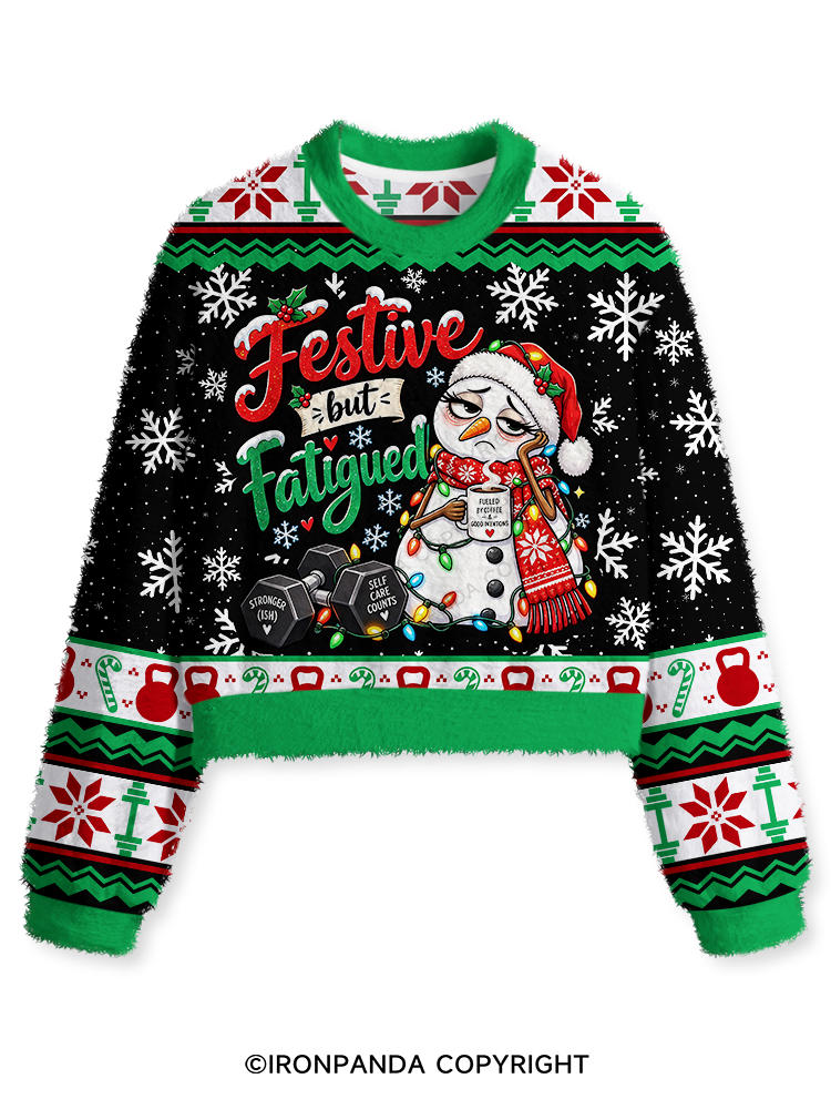 Funny Christmas Workout Snowman Fuzzy Fleece Crop Sweater