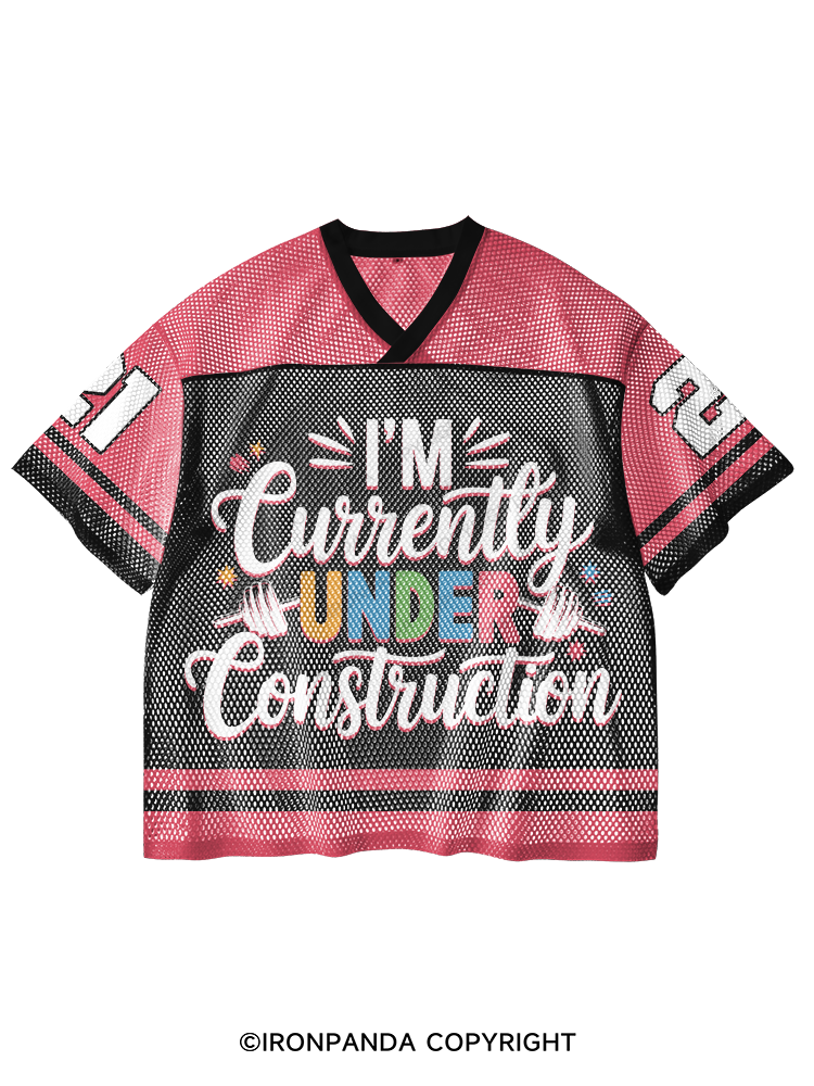 I'M CURRENTLY UNDER CONSTRUCTION V-Neck Open Hole Mesh Top
