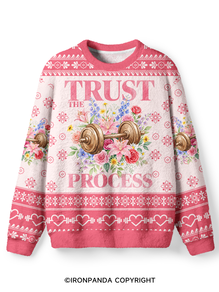 TRUST THE PROCESS Dumbbell Ugly Fuzzy Fleece Sweater