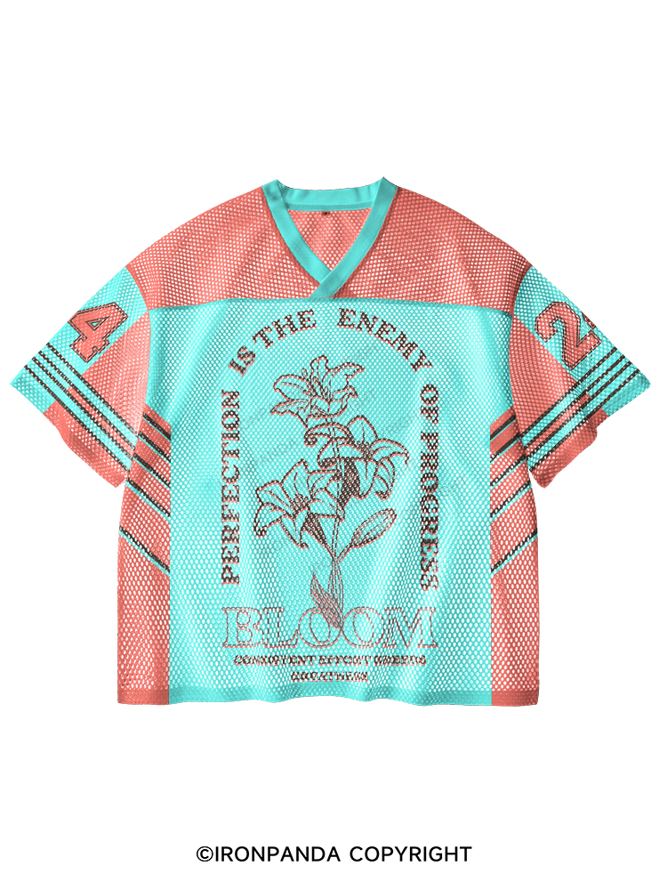 PERFECTION IS THE ENEMY OF PROGRESS V-Neck Open Hole Mesh Top