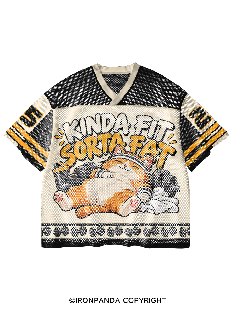 Kinda Fit Sorta Fat Cute Gym Cat V-Neck Open Hole Mesh Top